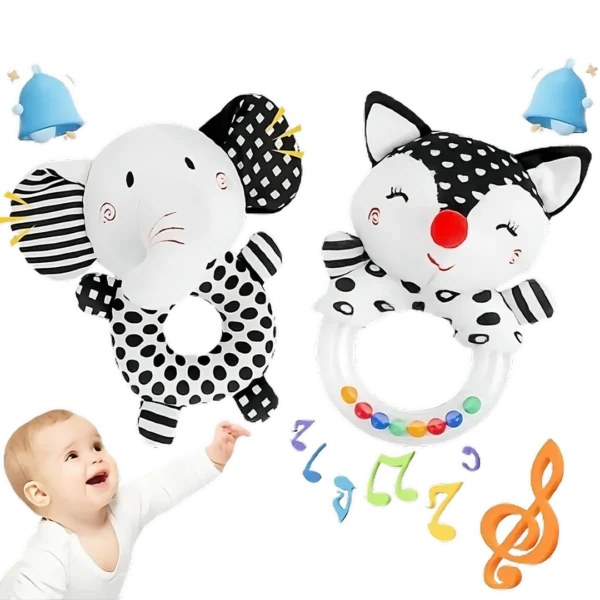 Complete set of High Contrast Elephant & Fox Rattle Toys for babies