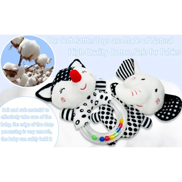 Complete set of High Contrast Elephant & Fox Rattle Toys for babies