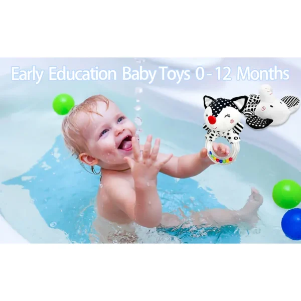 Complete set of High Contrast Elephant & Fox Rattle Toys for babies